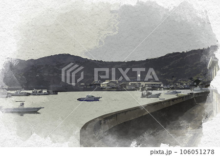 水彩画風 神島外港 岡山県笠岡市 水彩画風 神島外港 岡山県笠岡市 106051278