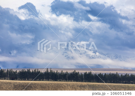 Photograph of a snow-capped mountain range located behind a large brown agricultural field in New Zealand 106051346