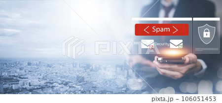 Email concept with laptop spam and virus computer monitor internet security concept, businessman reading electronic mail with a laptop. Spam, junk and e-marketing on screen, Spam Email Pop-up Warning. 106051453