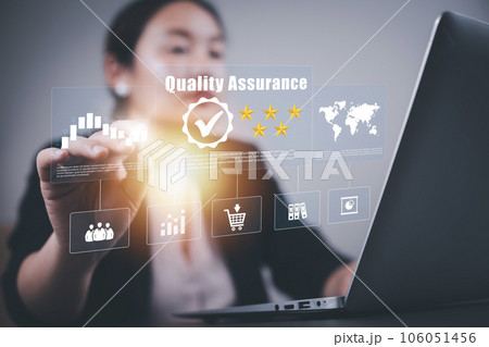 Quality assurance of business services, Smartphone shows the sign of service and ISO certification, the Quality certificate is compliant, and the Check mark symbol represents standard quality control. 106051456