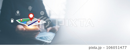 Businessman hand holding virtual world and model map with location point , GPS app, icon Travel maps and find places in the online system, all screen graphics are generated,Searching for travel goals. 106051477
