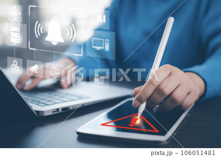 Email concept with laptop spam and virus computer monitor internet security concept, businessman reading electronic mail with a laptop. Spam, junk and e-marketing on screen, Spam Email Pop-up Warning 106051481