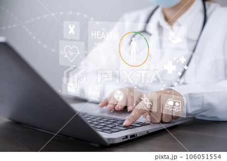 Medical doctor and medical technology and futuristic concept, Doctor using laptop and health medical network connection icon on virtual screen interface, Modern medical technology and innovation. 106051554
