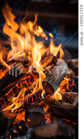 Burning firewood in the fireplace close up Burning firewood in the fireplace close up 106051559