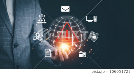 notification error and maintenance with triangle caution warning sign for notification error, Programmer using laptop with triangle caution warning sign, hacker attacks , cyber crime, cyber security 106051725