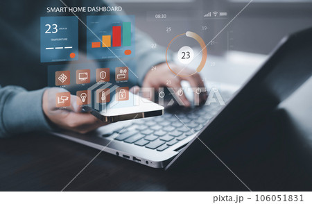 Hand using AI smart tablet with smart home app on the room, circular interface of the smart home automation assistant on the virtual screen and user touches the button, smart home digital interface 106051831