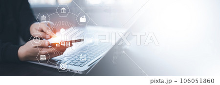 Clock 24h service and people icon Concept, Businessman hand holding clock and line people icon, time management and business work planning, idea and concept of the schedule of the daily routine, 106051860