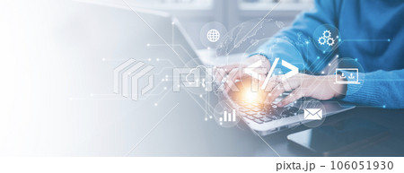 Businessman hand touch with Code html and programming on screen laptop,Programmer development Computer code,web design  coding technology in software, digital software technology development, IoT 106051930