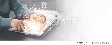 Business people using laptop for sending the e-mail computer, Email and SMS marketing concept. Scheme of direct sales in business. List of clients for mailing, Social network and communication Business people using laptop for sending the e-mail computer, Email and SMS marketing concept. Scheme of direct sales in business. List of clients for mailing, Social network and communication 106051935