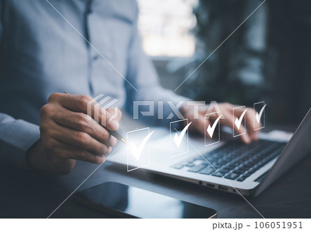 checklist and clipboard task documentation management, business people working laptop checklist questionnaire assessment form, online survey online exam Choosing the right answer in the exam 106051951