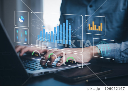 Planning analysis and Project management  online, Business people working laptops with the Project manager and updating tasks and progress planning with chart scheduling interface on a virtual screen 106052167