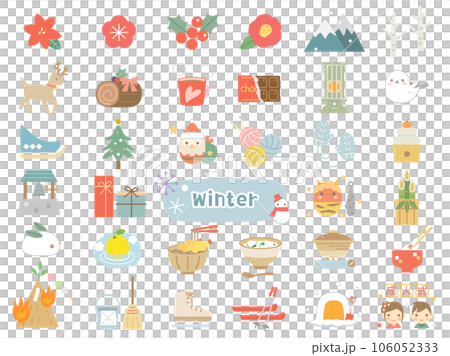 A set of illustrations that image winter events such as Santa and kadomatsu 106052333