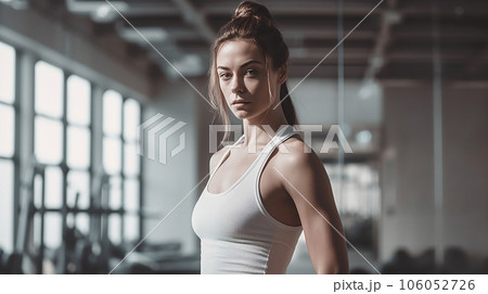 スポーツジムで真剣にトレーニングする白人女性（Generative AI） 106052726