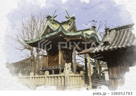 水彩画風 神島神社 本殿 岡山県笠岡市 水彩画風 神島神社 本殿 岡山県笠岡市 106052783