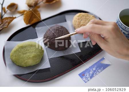 秋のお彼岸はおはぎ食べる女性 106052929