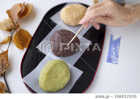 秋のお彼岸はおはぎ食べる女性 秋のお彼岸はおはぎ食べる女性 106052930