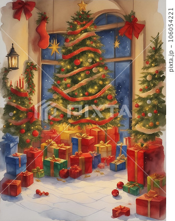 水彩でクリスマスの風景[AI生成画像] 106054221