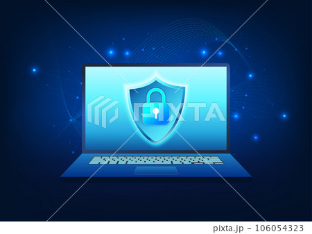 Computer technology The screen is a shield and a lock, and the background is a striped element, a computer concept with technology that prevents viruses from destroying data and preventing data theft. Computer technology The screen is a shield and a lock, and the background is a striped element, a computer concept with technology that prevents viruses from destroying data and preventing data theft. 106054323