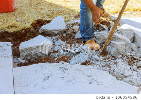 Demolished old sidewalk concrete repair pavement restoration in construction site 106054586