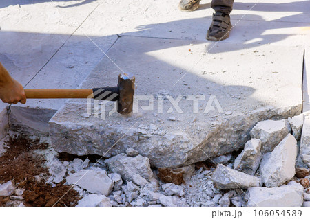 Destroyed demolition concrete old sidewalk an repairing works a pavement 106054589