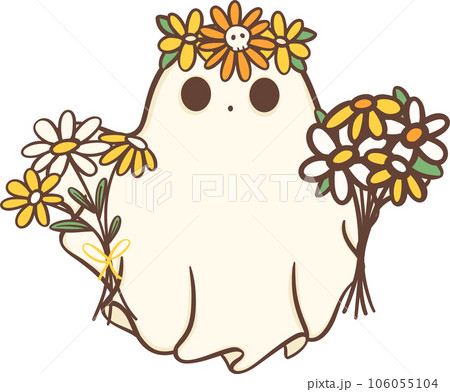 Cute Floral Ghost with Cup · Creative Fabrica