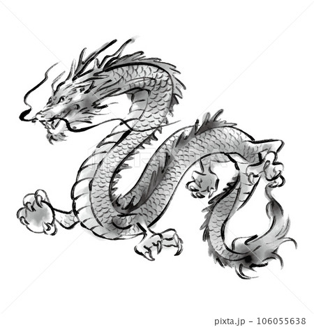 水墨画 辰 美術品 辰年 辰の水墨画イラスト モノクロ 辰年 龍 年賀状 のイラスト素材