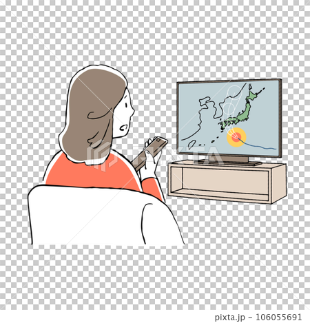 リビングのテレビで台風情報を確認する女性のイラスト リビングのテレビで台風情報を確認する女性のイラスト 106055691