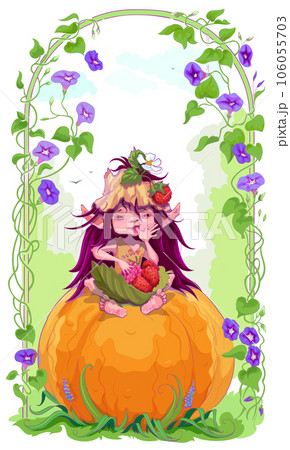 Dwarf elf forest spirit symbol nature eating strawberries 106055703