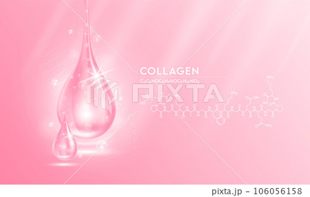 Drop water collagen pink and structure. Vitamin solution complex with Chemical formula from nature. Beauty treatment nutrition skin care design. Medical and scientific concepts. 3D Realistic Vector. Drop water collagen pink and structure. Vitamin solution complex with Chemical formula from nature. Beauty treatment nutrition skin care design. Medical and scientific concepts. 3D Realistic Vector. 106056158