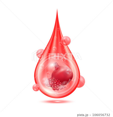 Pomegranate inside water droplets red isolated on white background. Drop vitamins and collagen organic anti aging serum. Fruit acid product. For natural eco skin care cosmetic 106056732