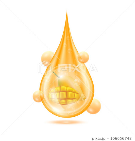 Mango inside water droplets orange isolated on white background. Drop vitamins and collagen organic anti aging serum. Fruit acid product.  106056748