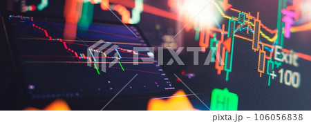 Technical price graph and indicator, red and green candlestick chart on blue theme screen, market volatility, up and down trend. Technical price graph and indicator, red and green candlestick chart on blue theme screen, market volatility, up and down trend. 106056838