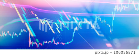 graphs and statistics on monitor. representation of volumes and time intervals of digital cryptocurrency past price movements graphs and statistics on monitor. representation of volumes and time intervals of digital cryptocurrency past price movements 106056871