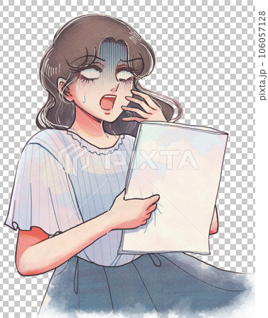 70s retro style illustration of a wife who is shocked when she sees a blank magazine 70s retro style illustration of a wife who is shocked when she sees a blank magazine 106057128