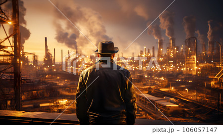 A handsome man is looking for smoke pollution from factory work industrial construction Area in sunset of city. 106057147