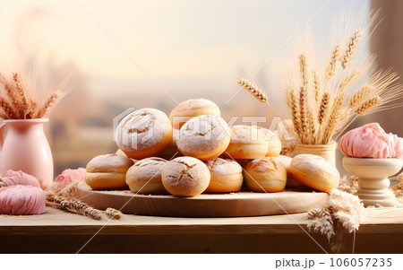 sweet cookies and biscuit and cookies cream. Homemade bakery with dessert and food 106057235