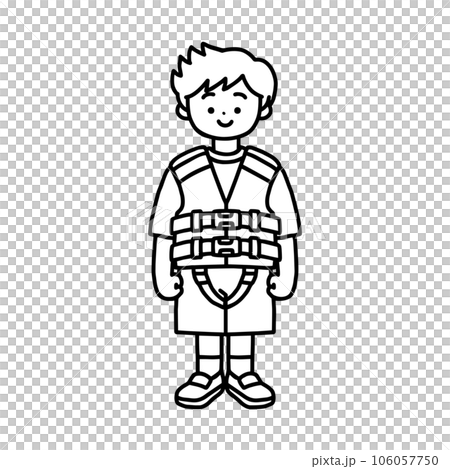 A boy wearing a life jacket, line drawing 106057750