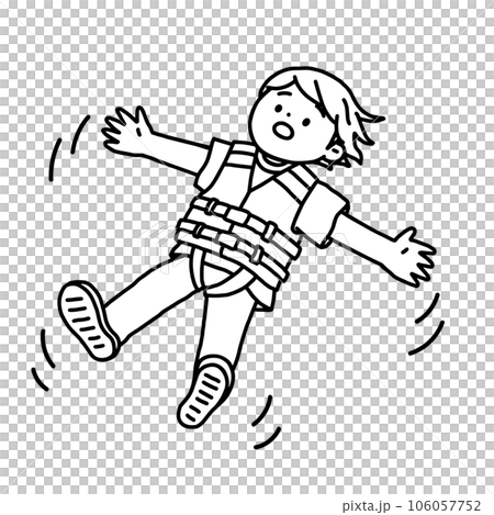 ライフジャケットを着用し水面に浮いて待つ男の子・線画 106057752