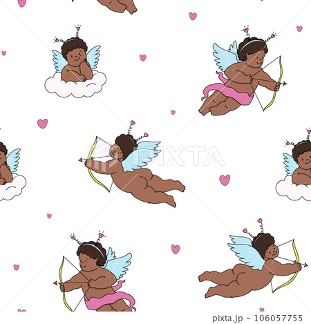 Beautiful vector kid seamless pattern with colorful cute hand drawn little putti angels with flowers. Stock illustration. Beautiful vector kid seamless pattern with colorful cute hand drawn little putti angels with flowers. Stock illustration. 106057755