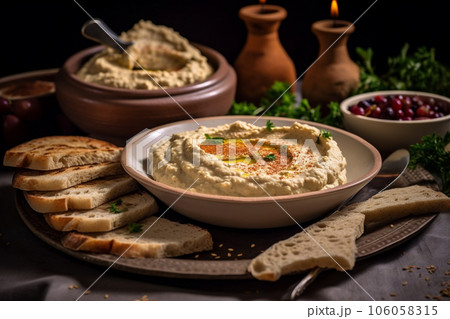 Baba ghanouj on a marble background. generative ai 106058315