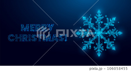 Snowflake, wireframe low poly style design. Merry Christmas and New Year concept. Wireframe glowing low poly design on a blue background. Abstract futuristic vector illustration 106058455