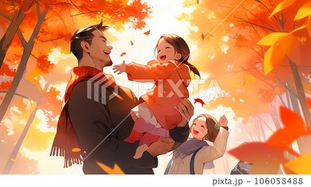 紅葉と家族のイラスト、秋を楽しむ親子　AI生成画像 106058488