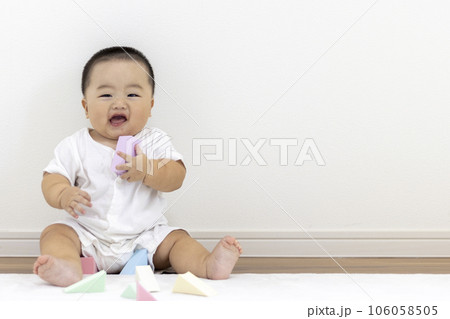 玩具のブロックで遊ぶ赤ちゃん（男の子、日本人、0歳、生後8か月） 106058505