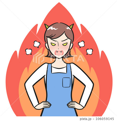 鬼のように烈火のごとく怒るエプロン姿の若い女性 鬼のように烈火のごとく怒るエプロン姿の若い女性 106059145
