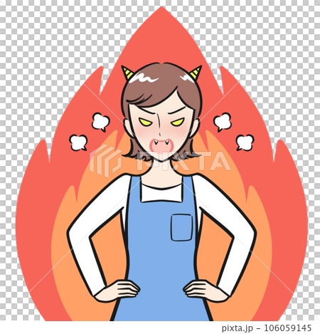 鬼のように烈火のごとく怒るエプロン姿の若い女性 鬼のように烈火のごとく怒るエプロン姿の若い女性 106059145
