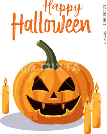 Happy halloween text orange pumpkin Jack lantern with candles isolated on white background Happy halloween text orange pumpkin Jack lantern with candles isolated on white background 106060421