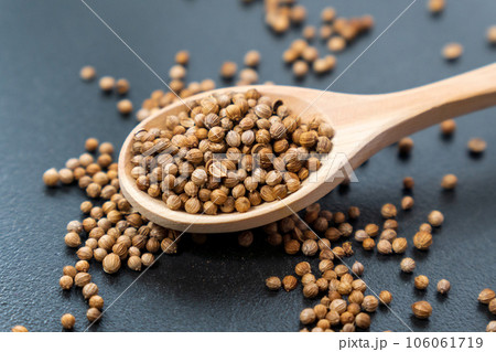 Macro shot of coriander seeds. Organic food, healthy lifestyle. Medicinal herbs and spices 106061719