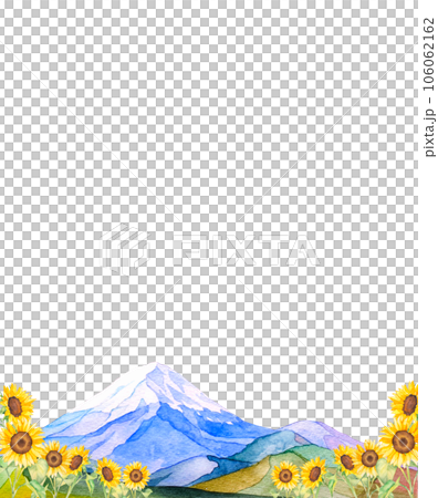 Summer watercolor landscape illustration of sunflower field and beautiful Mount Fuji 106062162