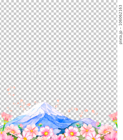 Frame illustration of cosmos field and beautiful Mt. Fuji painted by watercolor 106062163