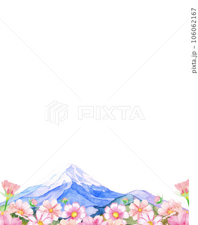 水彩で描かれたコスモス畑と美しい富士山のフレームイラストのイラスト
